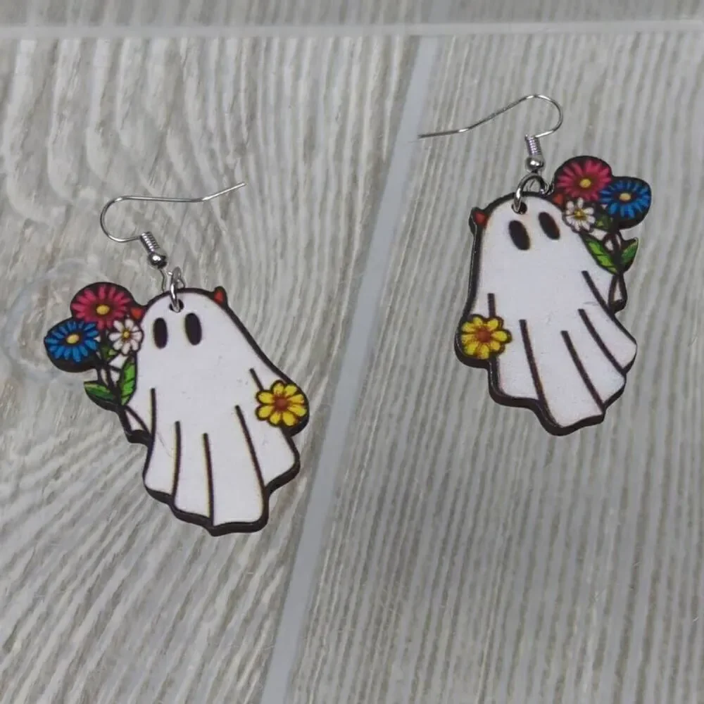 Halloween Spooky Ghost with Flowers Wire Dangle Earrings White 1.5